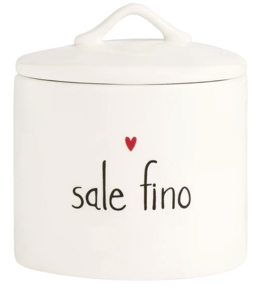 Barattolo Simple Day in gres con scritta nera sale fino, cuore rosso e coperchio